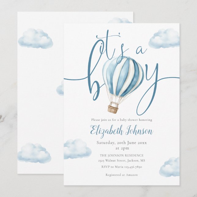 Its A Boy Blue Hot Air Balloon Baby Shower Invitation (Front/Back)