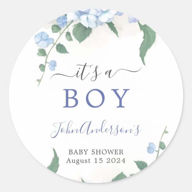  It's A Boy Blue Hydrangea Botanical Baby Shower Classic Round Sticker (Front)