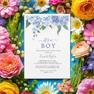  It's A Boy Blue Hydrangea Botanical Baby Shower Invitation