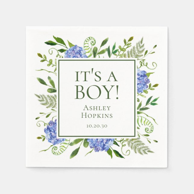 It's A Boy Blue Hydrangeas Boy Baby Shower Napkin (Front)