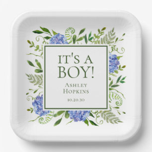 It's A Boy Blue Hydrangeas Boy Baby Shower Paper Plate
