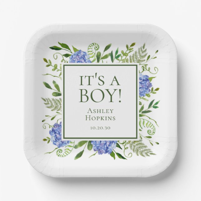 It's A Boy Blue Hydrangeas Boy Baby Shower Paper Plate (Front)