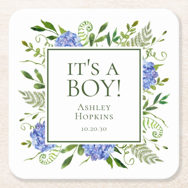 It's A Boy Blue Hydrangeas Boy Baby Shower Square Paper Coaster (Front)