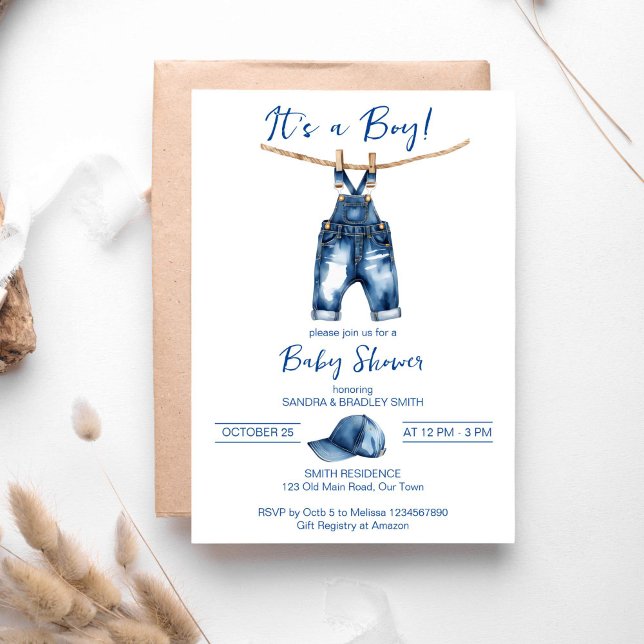 It's a boy blue jeans baby shower template (It's a boy blue jeans baby shower template invitation digital download cute jeans overalls and a cap)
