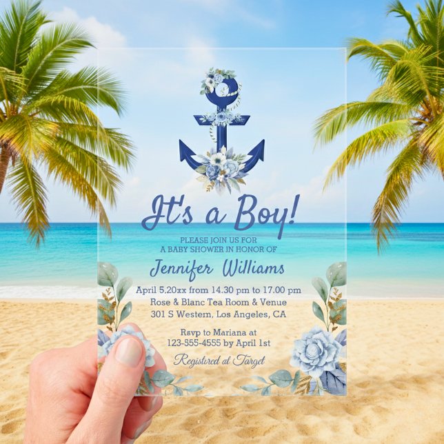 its a boy, blue navy floral nautical baby shower  acrylic invitations (Creator Uploaded)