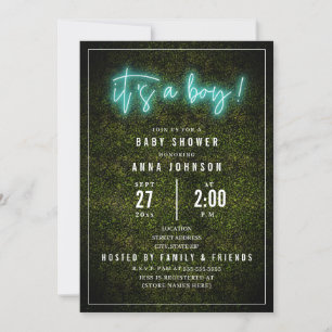 It's A Boy Blue Neon Boxwood Baby Shower Invitation