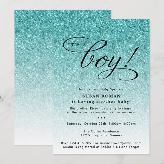 It's a Boy Blue Ombre Glitter Baby Sprinkle Shower Invitation (Front/Back)