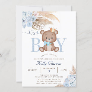 It's a BOY Blue Pampas Grass Boho Teddy Bear Baby Invitation