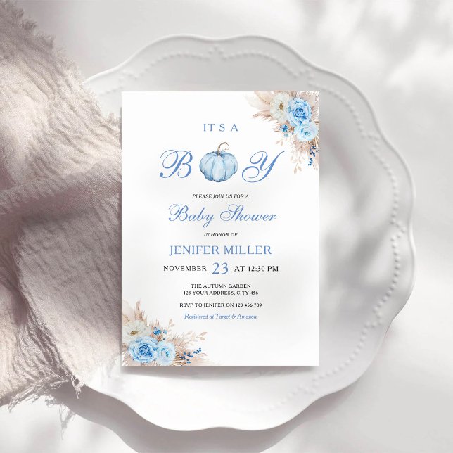 It's a Boy Blue Pumpkin Baby Shower Invitation (Creator Uploaded)