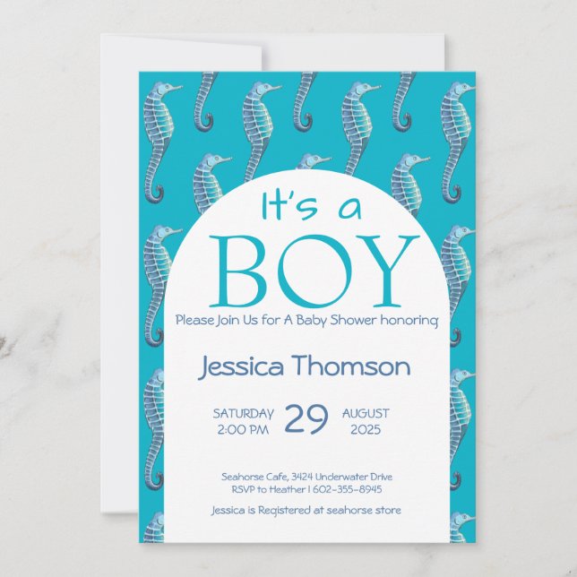 It's a BOY Blue Seahorse Baby Shower Invitation (Front)