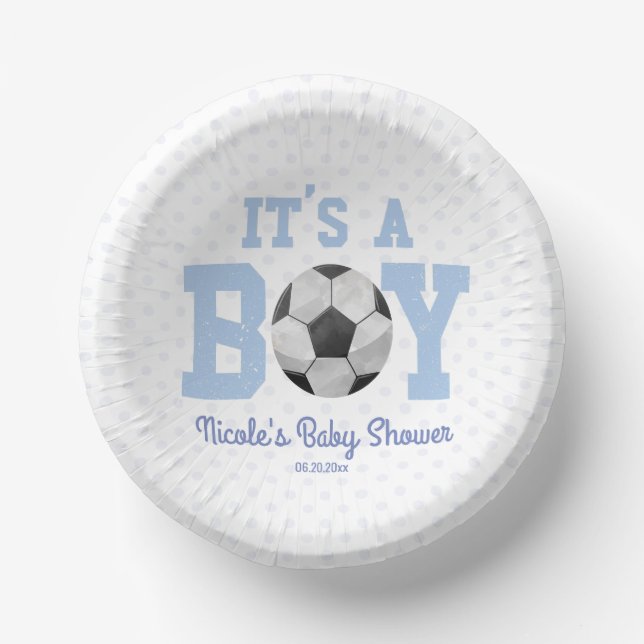 It's A Boy! Blue Soccer Baby Shower Paper Plate (Front)