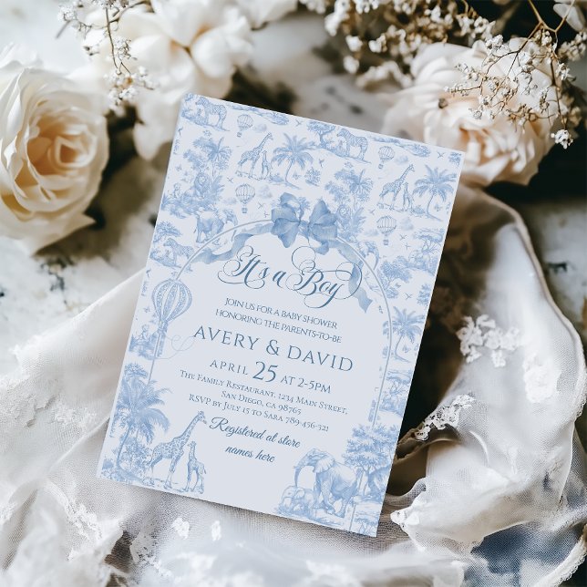 Its a Boy Blue Toile Safari Animal Baby Shower Invitation (Creator Uploaded)