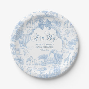 Its a Boy Blue Toile Safari Animal Baby Shower Paper Plate