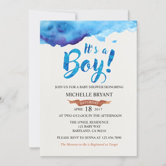It's A Boy Blue Watercolor Baby Shower invitation (Front)