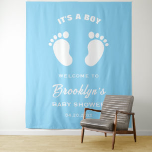 Its A Boy Blue White Feet Fun Baby Shower Backdrop Tapestry