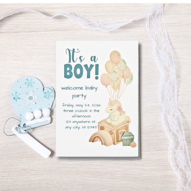 It's A Boy Boho Balloon Blue Baby Shower Invitation (Creator Uploaded)
