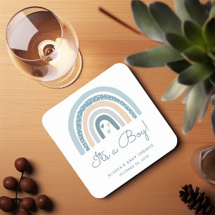 It's A Boy Boho Rainbow Baby Shower Square Paper Coaster