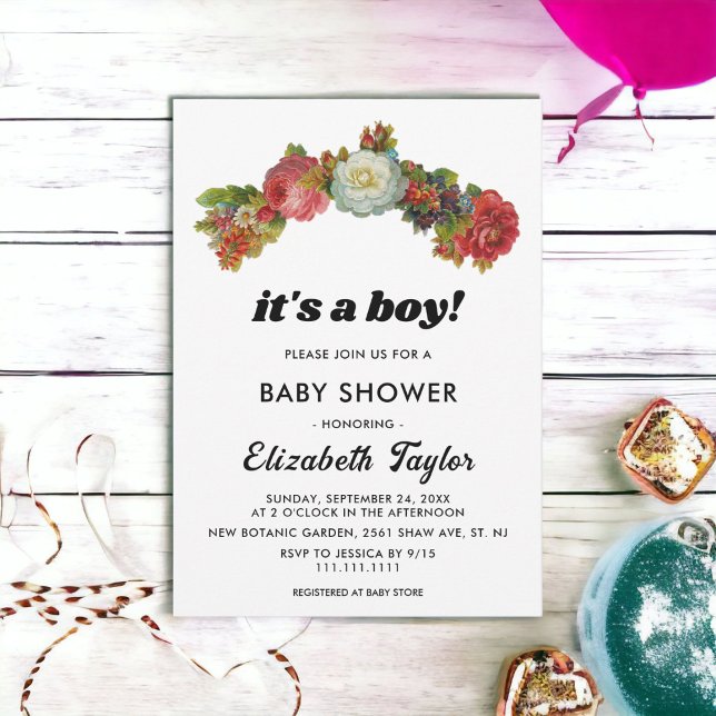 It's A Boy Boho White Red Roses Floral Baby Shower Invitation (Creator Uploaded)