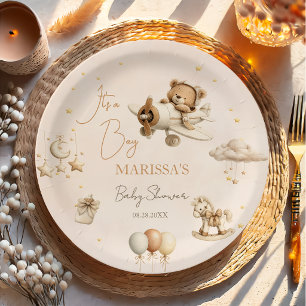 It's A Boy Brown Plane Teddy Bear Baby Shower Paper Plate