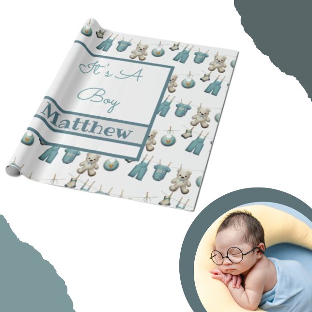 It's A Boy Clothes Line Name Baby  Wrapping Paper (Creator Uploaded)