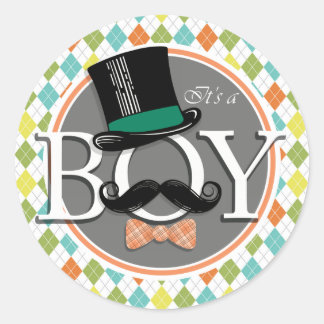 It's a Boy! Colourful Argyle Classic Round Sticker