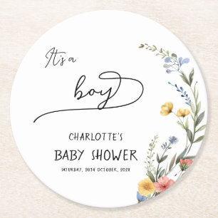 It's a Boy! Colourful Wildflower Baby Shower Round Paper Coaster