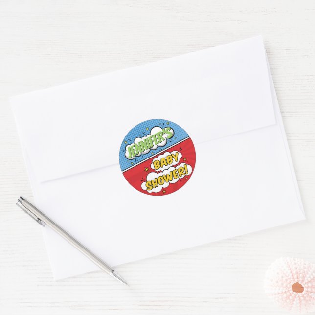 Its A Boy Comic Book Superhero Baby Shower Classic Round Sticker (Envelope)