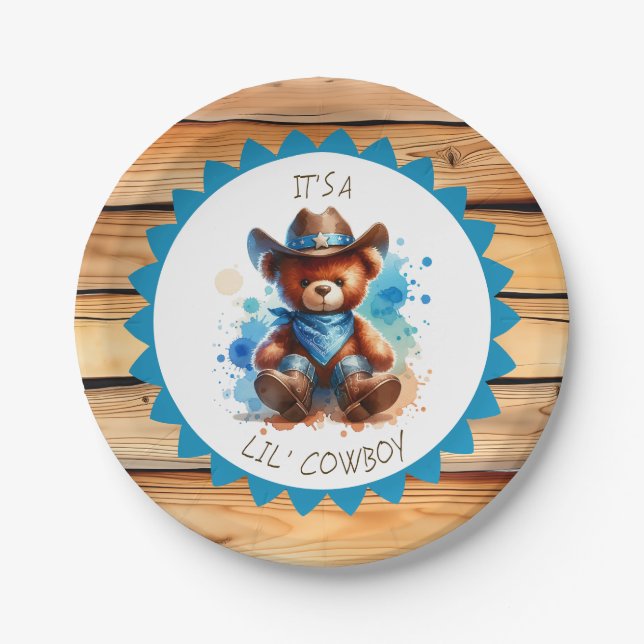 It's a Boy | Cowboy Teddy Bear Boy's Baby Shower Paper Plate (Front)