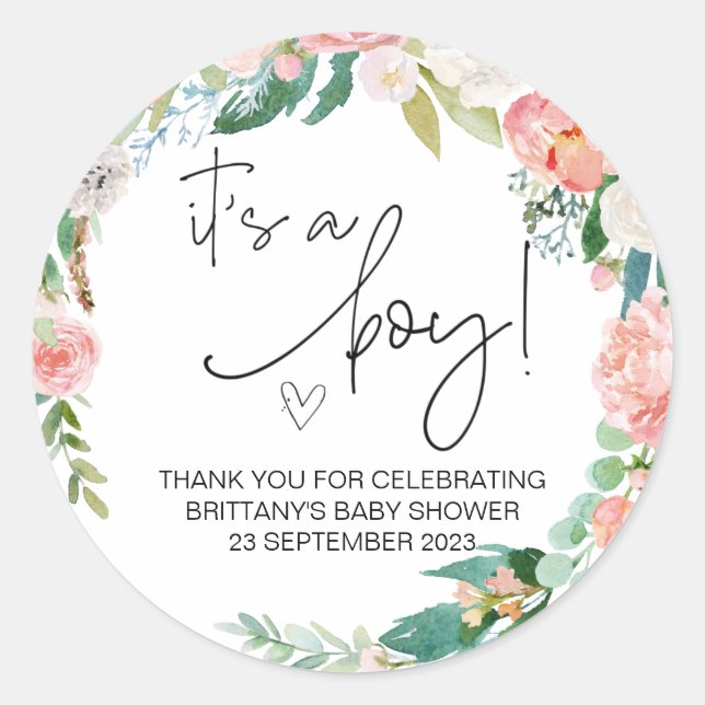  It's a Boy Cute Baby Shower Party Favour Floral Classic Round Sticker (Front)