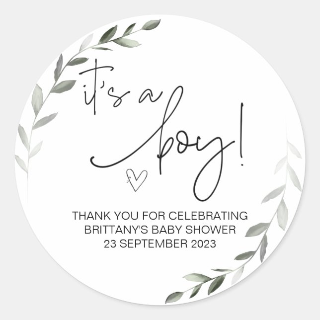  It's a Boy Cute Baby Shower Party Favour Greenery Classic Round Sticker (Front)
