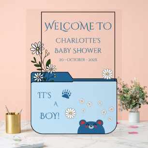 It's A Boy! Cute Bear & Daisy Flowers Baby Shower Acrylic Sign