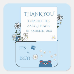 It's A Boy! Cute Bear & Daisy Flowers Baby Shower Square Sticker