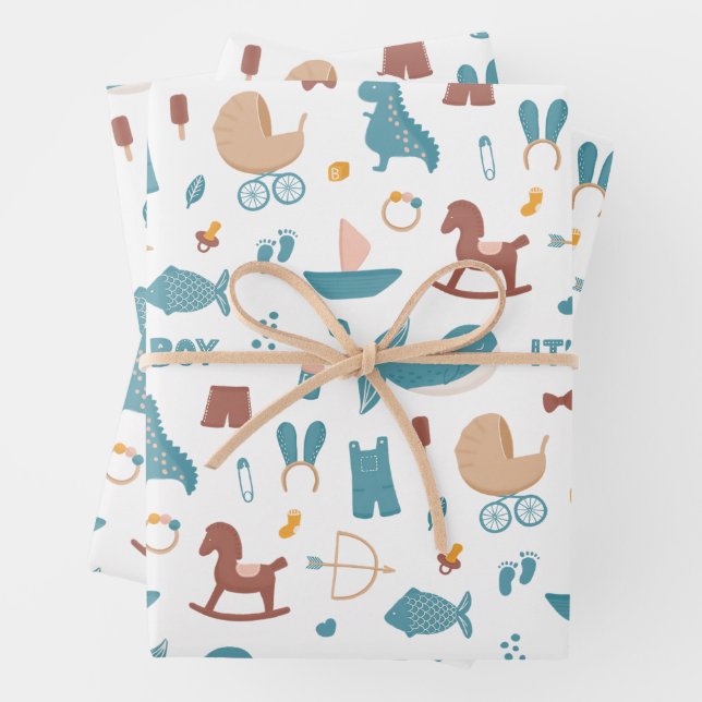 Its a boy. Cute blue funny animals toy baby shower Wrapping Paper Sheet (In situ)