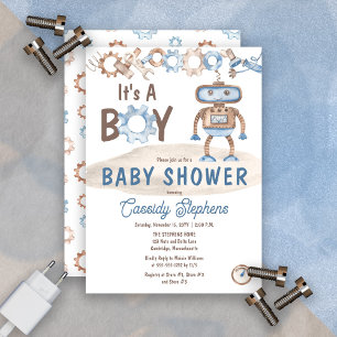 It's A Boy Cute Blue Greige Robot Baby Shower Invitation