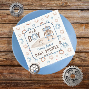 It's A Boy Cute Blue Greige Robot Baby Shower Napkin