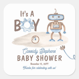 It's A Boy Cute Blue   Greige Robot Baby Shower  Square Sticker