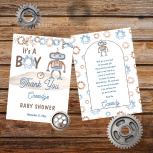 It's A Boy Cute Blue   Greige Robot Baby Shower Thank You Card