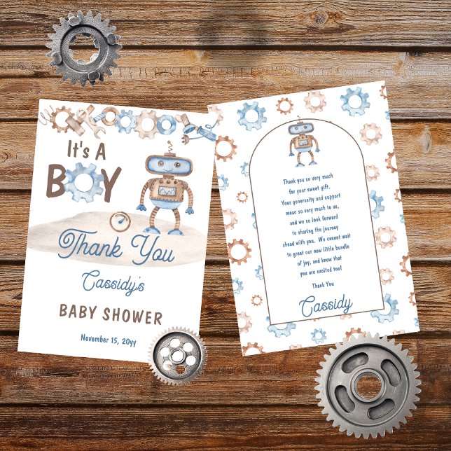 It's A Boy Cute Blue | Greige Robot Baby Shower Thank You Card (It's A Boy Cute Blue and Greige Robot Baby Shower Thank You Card)