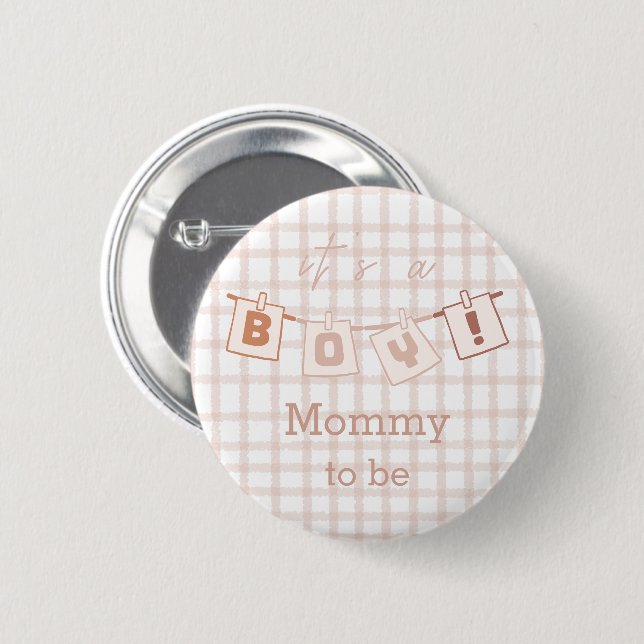 It's a Boy! Cute Brown Gingham Notedry Mummy-to-be 6 Cm Round Badge (Front & Back)