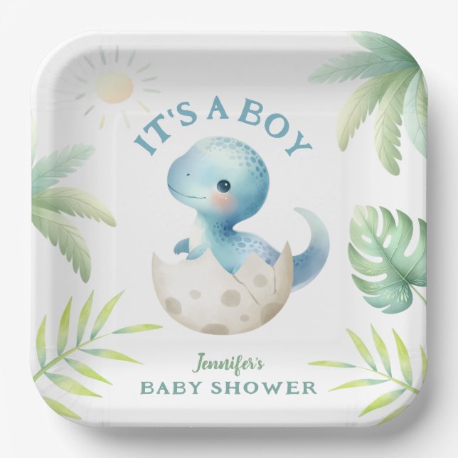 It's a Boy! Cute Dino Boy Dinosaur Baby Shower  Paper Plate (Front)