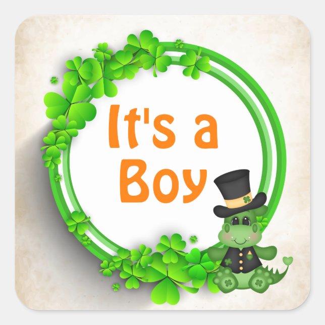 It's a Boy Cute Dragon n Clovers Irish Baby Shower Square Sticker (Front)