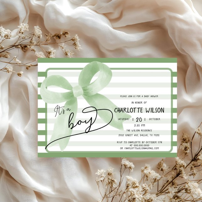 It's a Boy Cute Green Bow Stripes Baby Shower Invitation (Creator Uploaded)