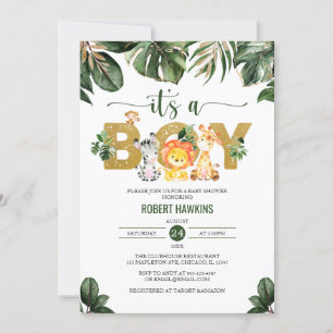 Its a Boy Cute Jungle Safari Animals Baby Shower Invitation