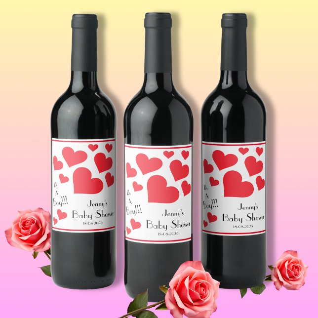 It's A Boy! - Cute Red Hearts Custom Baby Shower Wine Label (Simply Adorable!)