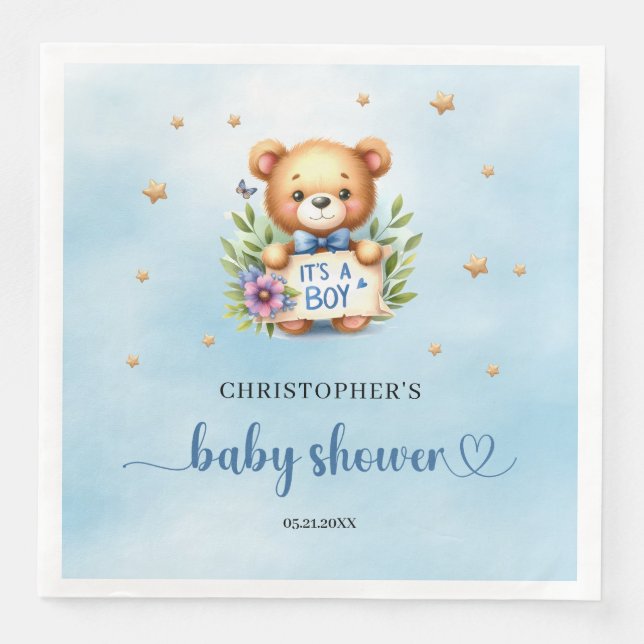 It's a boy cute teddy bear boy baby shower napkin (Front)