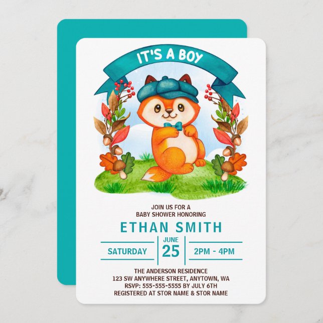 It's a Boy  Cute Watercolor Fox Baby Shower Invitation (Front/Back)