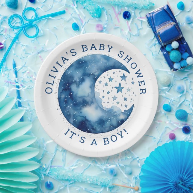 Its a Boy. Cute whimsical blue moon baby shower Paper Plate (Party)