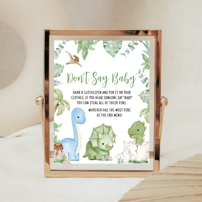 It's A Boy Dinosaur Baby Shower Don't Say Baby Poster (Greenery Boy Dinosaur Baby Shower Don't Say Baby Sign)