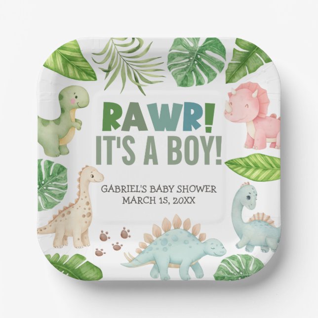It's a Boy Dinosaur Baby Shower Paper Plate (Front)