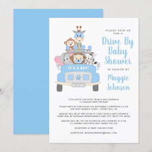 it's a Boy Drive By Animal Safari Blue Baby Shower Invitation